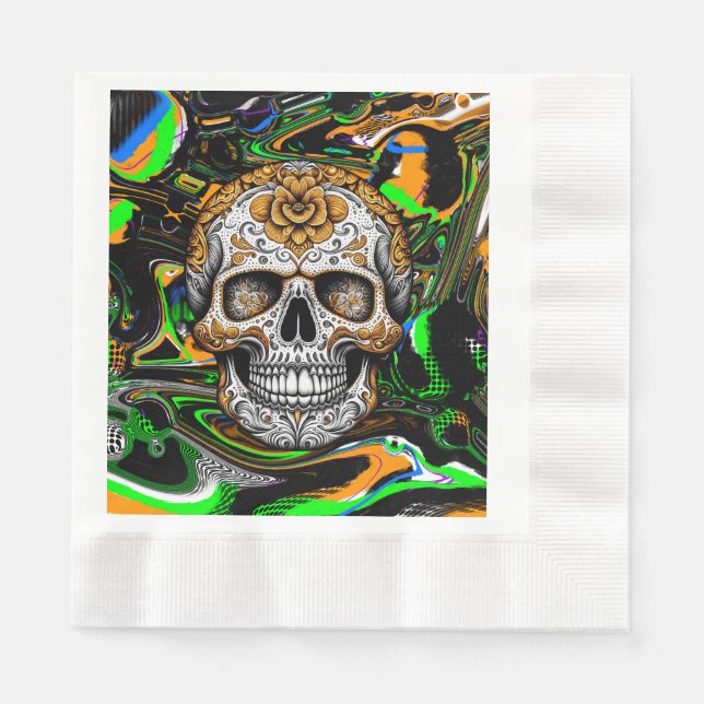 Black Orange and Lime Green Sugar Skull Art Napkins (Front)