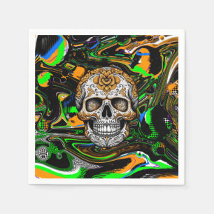 Black Orange and Lime Green Sugar Skull Art Napkins