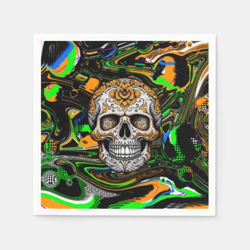 Black Orange and Lime Green Sugar Skull Art Napkins