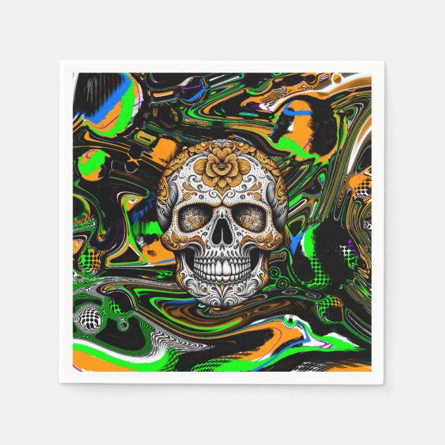 Black Orange and Lime Green Sugar Skull Art Napkins (Front)
