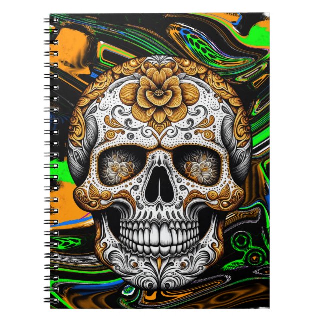 Black Orange and Lime Green Sugar Skull Art Notebook (Front)