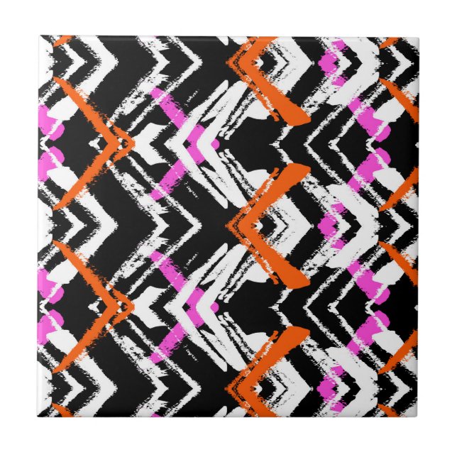 Black, Orange, And Pink Hand Drawn Arrow Pattern Ceramic Tile (Front)