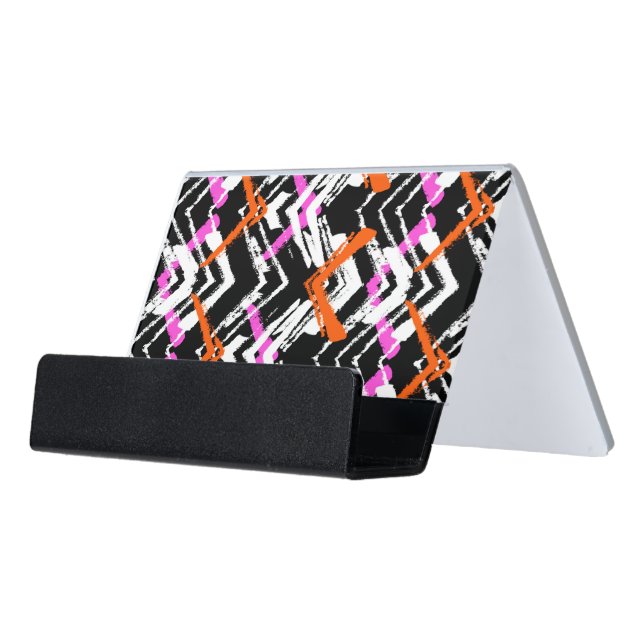 Black, Orange, And Pink Hand Drawn Arrow Pattern Desk Business Card Holder (Angled Front)