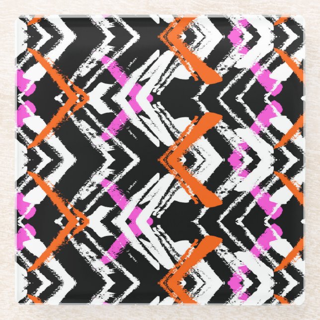 Black, Orange, And Pink Hand Drawn Arrow Pattern Glass Coaster (Front)