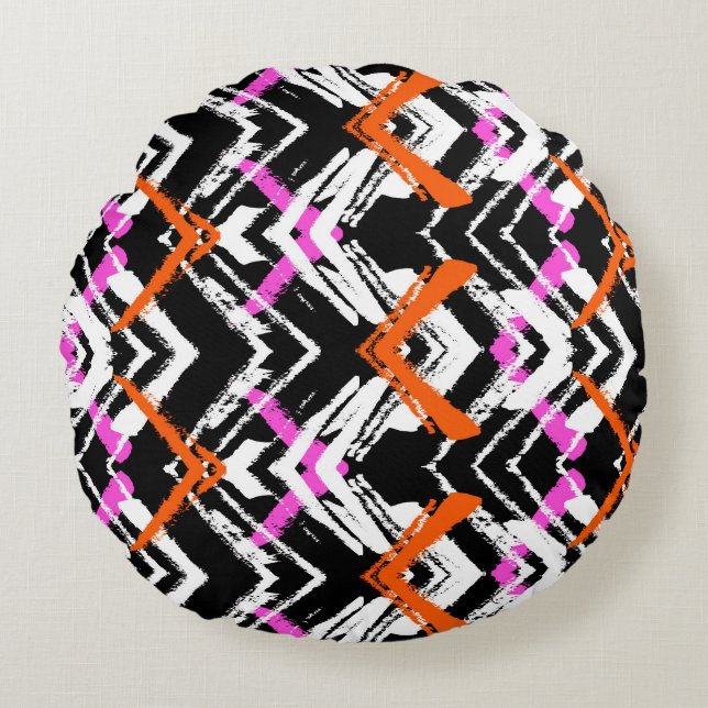 Black, Orange, And Pink Hand Drawn Arrow Pattern Round Pillow (Front)