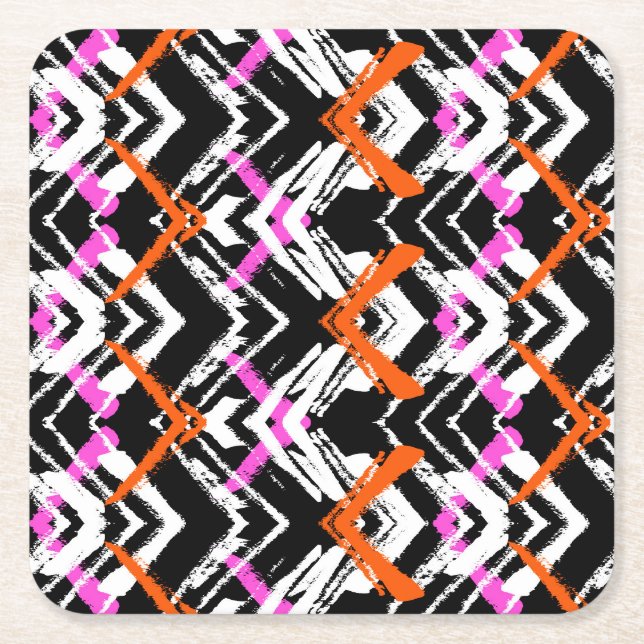 Black, Orange, And Pink Hand Drawn Arrow Pattern Square Paper Coaster (Front)