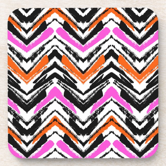 Black, Orange, And Pink Hand Drawn Chevron Pattern Beverage Coaster (Front)
