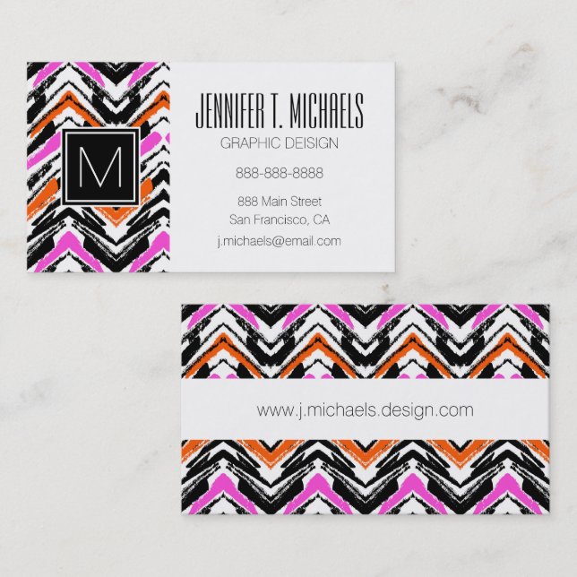 Black, Orange, And Pink Hand Drawn Chevron Pattern Business Card (Front/Back)