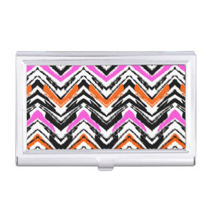 Black, Orange, And Pink Hand Drawn Chevron Pattern Business Card Holder