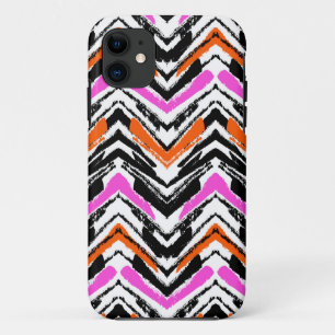 Black, Orange, And Pink Hand Drawn Chevron Pattern iPhone 11 Case