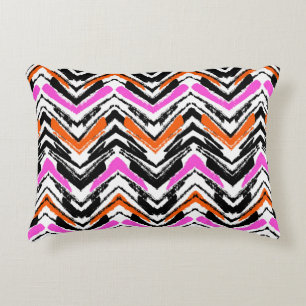 Black, Orange, And Pink Hand Drawn Chevron Pattern Decorative Pillow