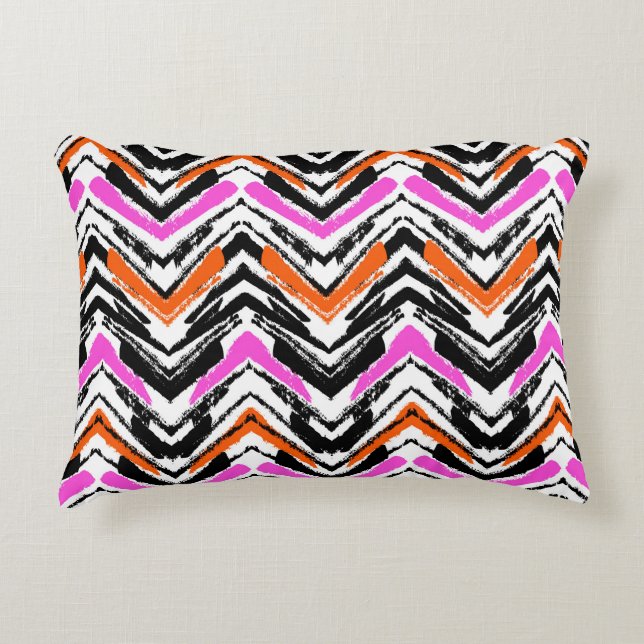 Black, Orange, And Pink Hand Drawn Chevron Pattern Decorative Pillow (Front)