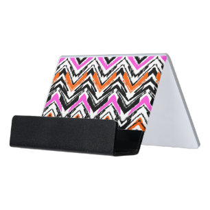 Black, Orange, And Pink Hand Drawn Chevron Pattern Desk Business Card Holder