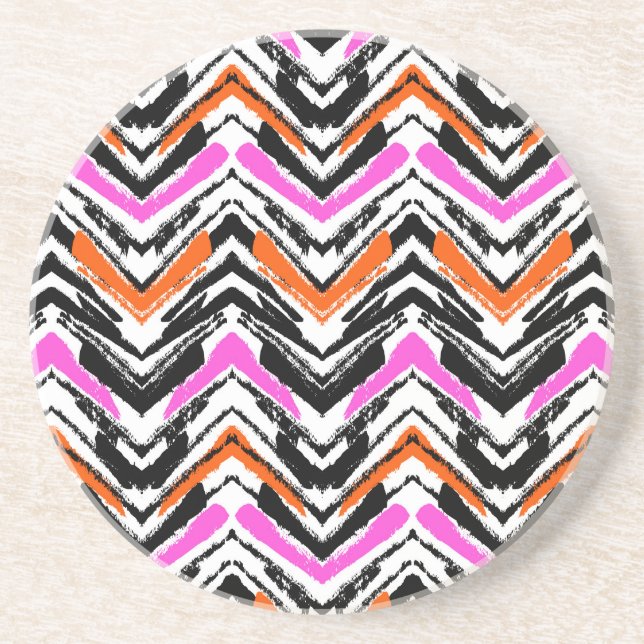 Black, Orange, And Pink Hand Drawn Chevron Pattern Drink Coaster (Front)