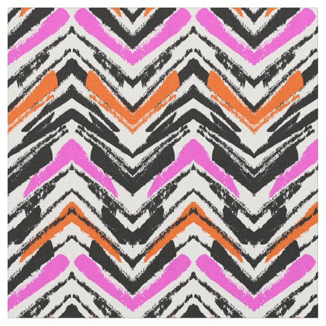 Black, Orange, And Pink Hand Drawn Chevron Pattern Fabric (Close Up)