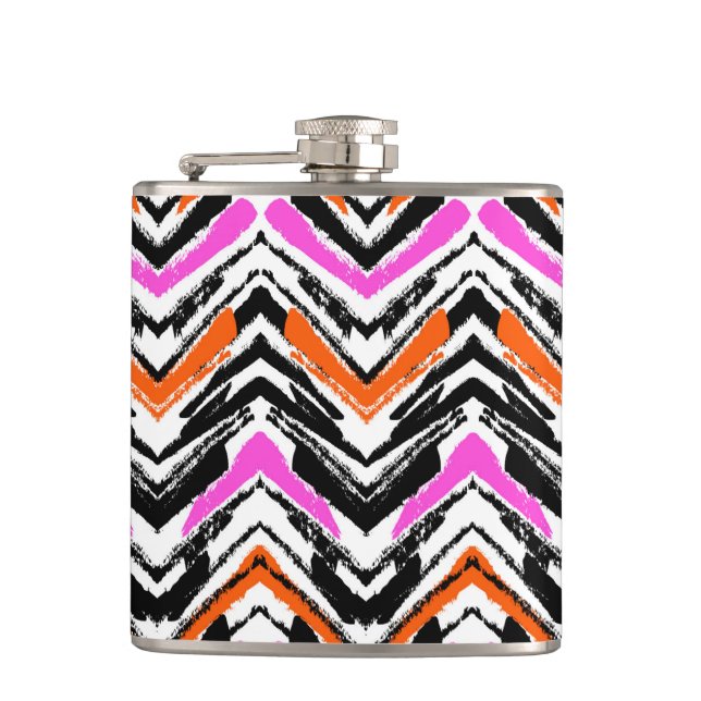 Black, Orange, And Pink Hand Drawn Chevron Pattern Flask (Front)