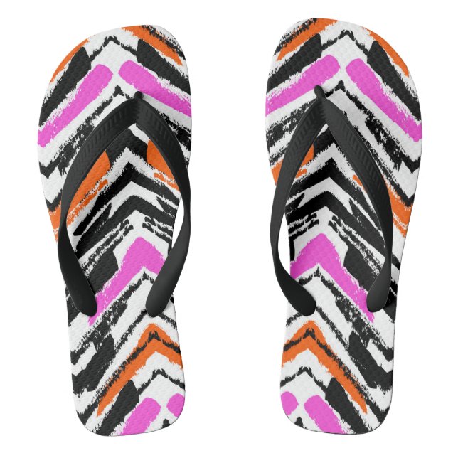 Black, Orange, And Pink Hand Drawn Chevron Pattern Flip Flops (Footbed)