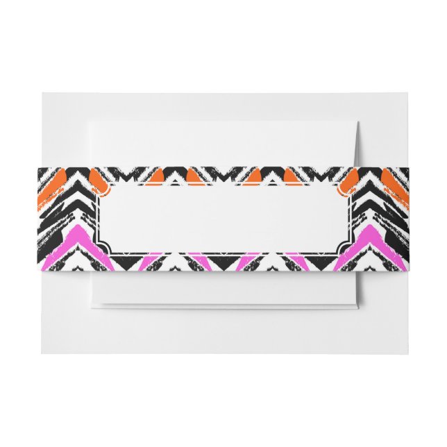 Black, Orange, And Pink Hand Drawn Chevron Pattern Invitation Belly Band (Front Example)