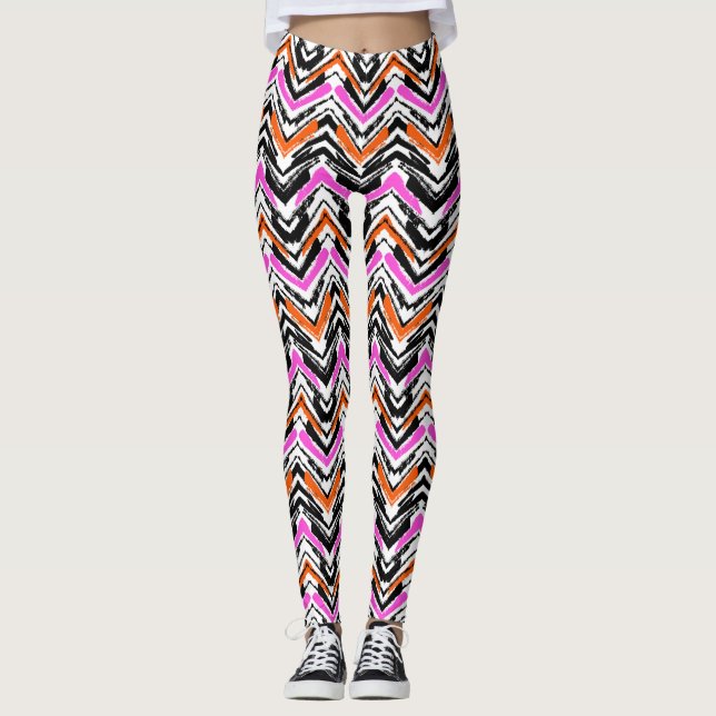 Black, Orange, And Pink Hand Drawn Chevron Pattern Leggings (Front)