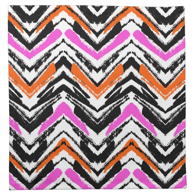 Black, Orange, And Pink Hand Drawn Chevron Pattern Napkin (Front)