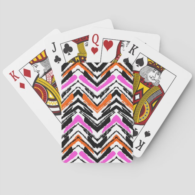 Black, Orange, And Pink Hand Drawn Chevron Pattern Poker Cards (Back)