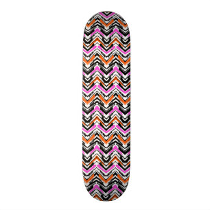 Black, Orange, And Pink Hand Drawn Chevron Pattern Skateboard Deck