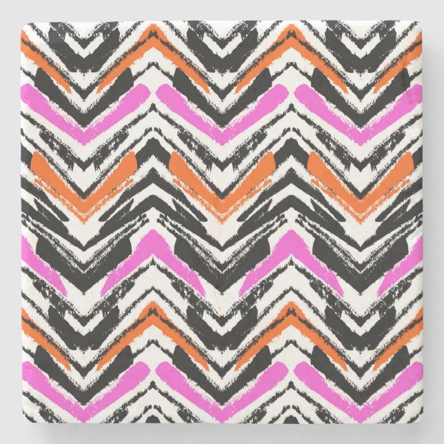 Black, Orange, And Pink Hand Drawn Chevron Pattern Stone Coaster (Front)