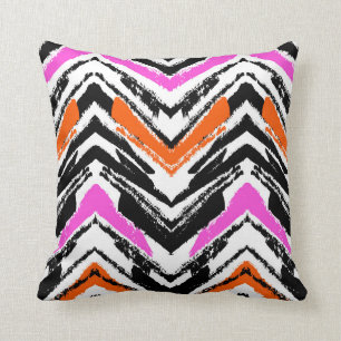 Black, Orange, And Pink Hand Drawn Chevron Pattern Throw Pillow