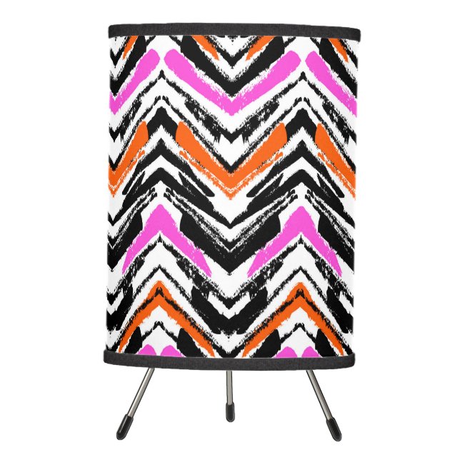 Black, Orange, And Pink Hand Drawn Chevron Pattern Tripod Lamp (Front)