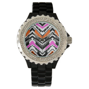 Black, Orange, And Pink Hand Drawn Chevron Pattern Watch