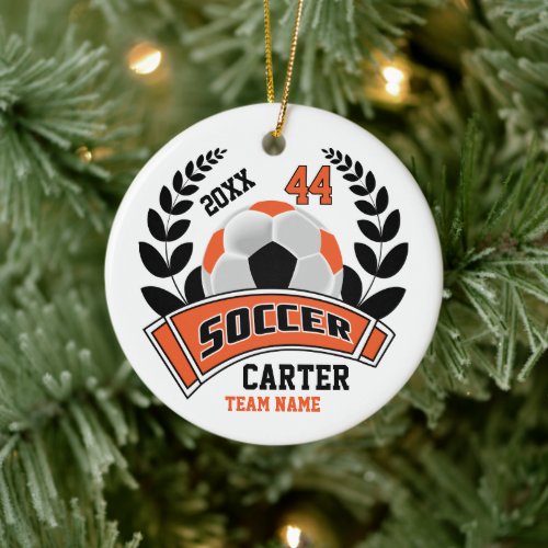 Black, Orange and White Personalize Soccer  ⚽ Ceramic Ornament