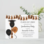 Black Orange Balloons Grad Hat Graduation Party Invitation (Standing Front)