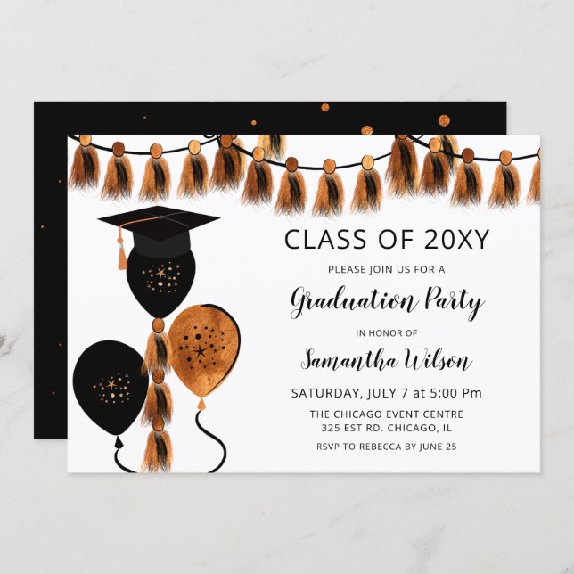 Black Orange Balloons Grad Hat Graduation Party Invitation (Front/Back)
