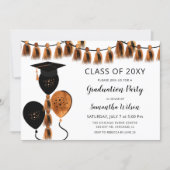 Black Orange Balloons Grad Hat Graduation Party Invitation (Front)