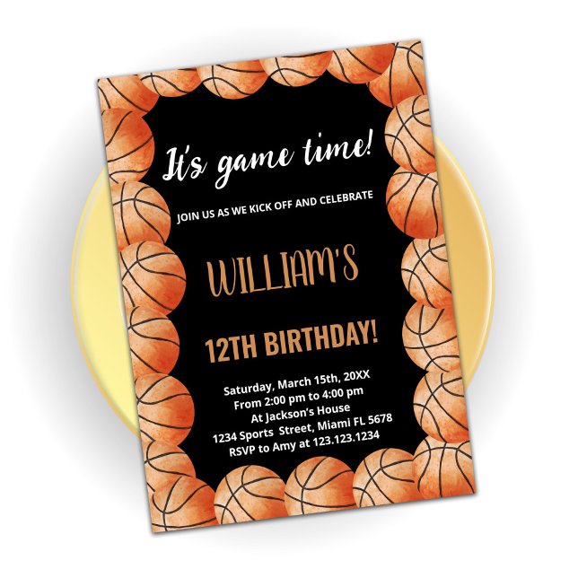 Black Orange Balls Basketball Birthday Invitations (Creator Uploaded)
