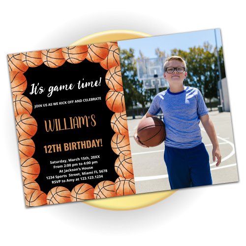 Black Orange Balls Basketball Birthday With Photo Invitation