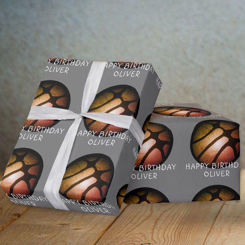 Black Orange Basketball Ball Sports Birthday Wrapping Paper