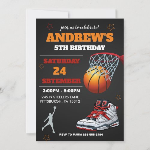 Black Orange Basketball Birthday Invitation