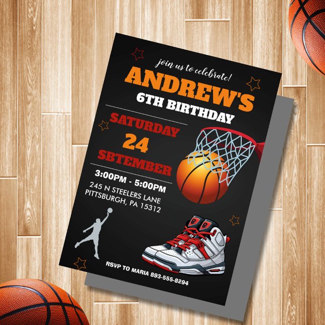 Black Orange Basketball Birthday Invitation (modern black and orange bascketball birthday invitation)