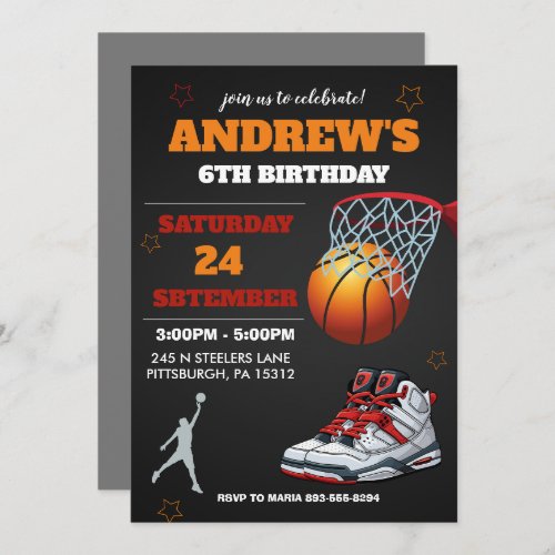 Black Orange Basketball Birthday Invitation