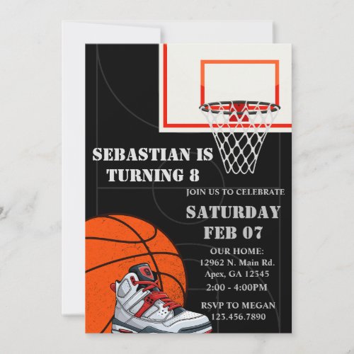 Black Orange Basketball Birthday Invitations