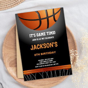 Black Orange Basketball Birthday Invitations