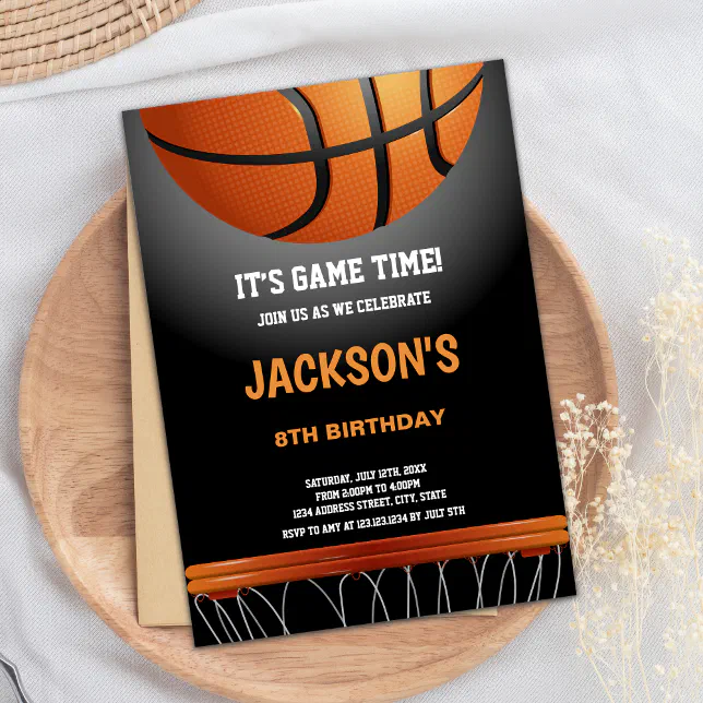 Black Orange Basketball Birthday Invitations | Zazzle