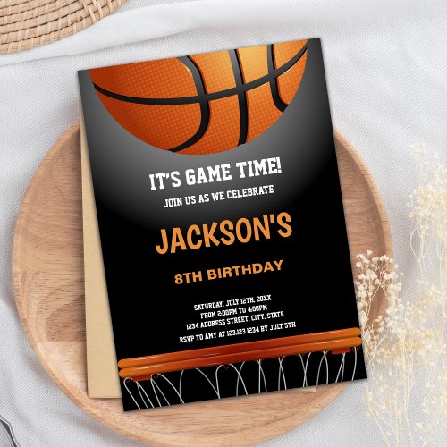 Black Orange Basketball Birthday Invitations