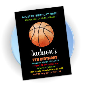 Black Orange Basketball Birthday Invitations