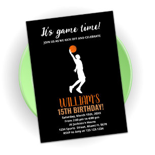 Black Orange Basketball Birthday Invitations