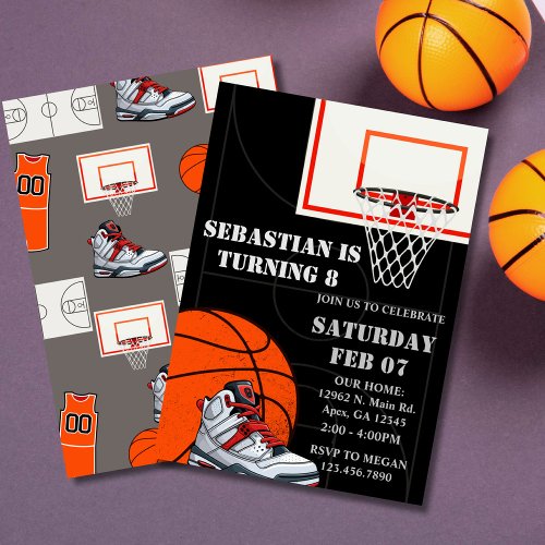 Black Orange Basketball Birthday Invitations