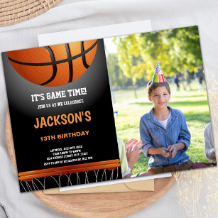 Black Orange Basketball Birthday Invitations photo