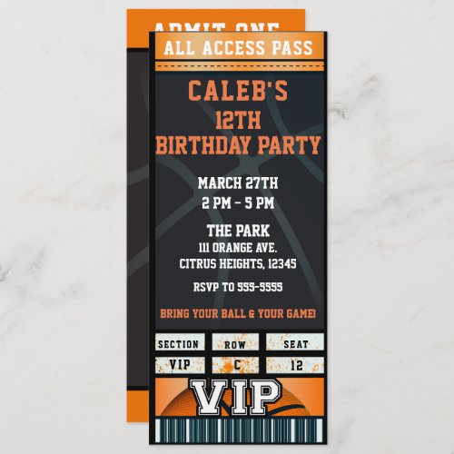 Black Orange Basketball Birthday Party VIP Ticket Invitation