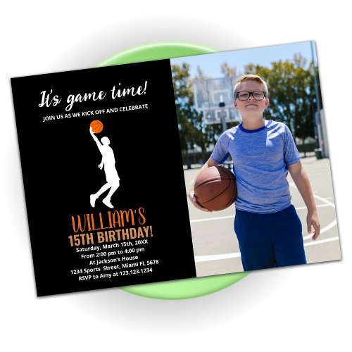 Black Orange Basketball Birthday With Photo Invitation